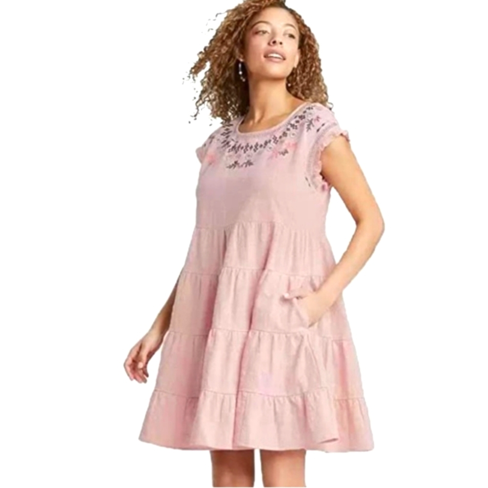 Knox Rose Embroidered Pink Babydoll A-Line Dress Tiered Floral Bohemian Large